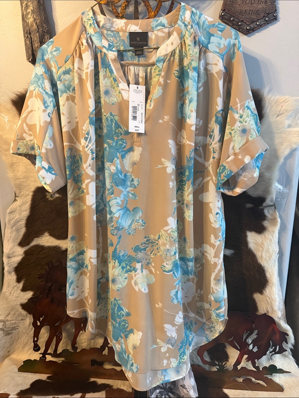 W by Worth Tan Tunic with Blue and White Floral Print